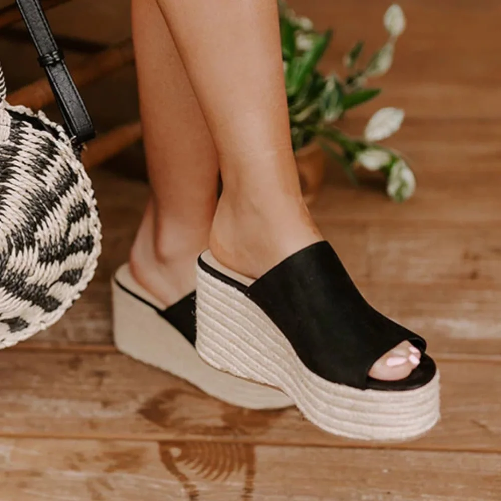 Black espadrille faux suede wedge slip on sandal - Picture 3 of 4
